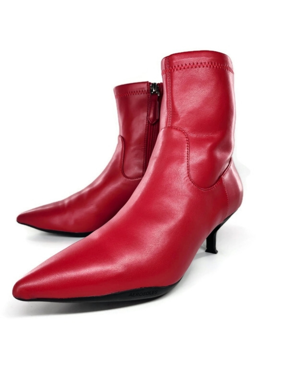 Aerosoles Lasko Sleek Red Pointed-Toe Pull-On Kitten Heel Ankle Booties